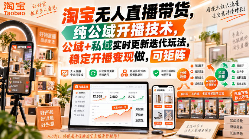 淘宝无人直播带货,纯公域开播技术,公域+私域实时更新迭代玩法,稳定开播变现做,可矩阵【揭秘】-悟空知识星球