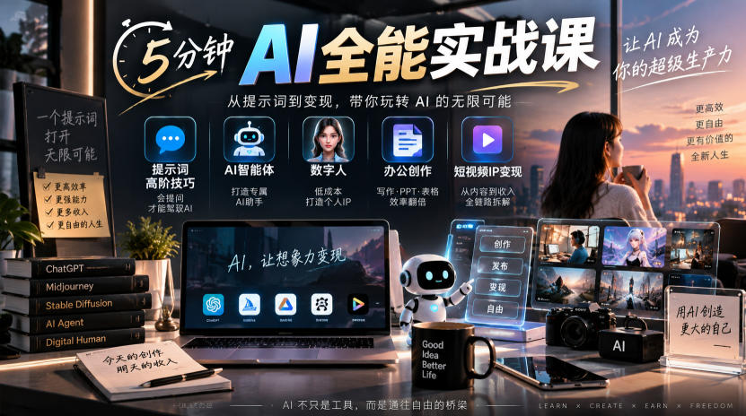 5分钟AI全能实战课|提示词高阶技巧+AI智能体+数字人+办公创作+短视频IP变现全教程-悟空知识星球