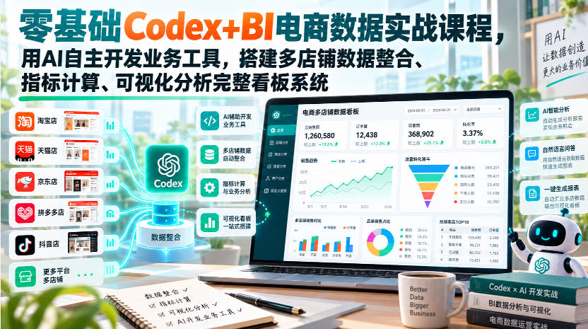 零基础Codex+BI电商数据实战课程,用AI自主开发业务工具,搭建多店铺数据整合、指标计算、可视化分析完整看板系统-悟空知识星球