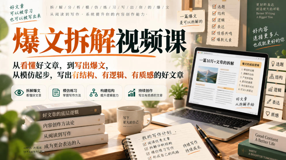 爆文拆解视频课,从看懂好文章,到写出爆文,从模仿起步,写出有结构、有逻辑、有质感的好文章-悟空知识星球