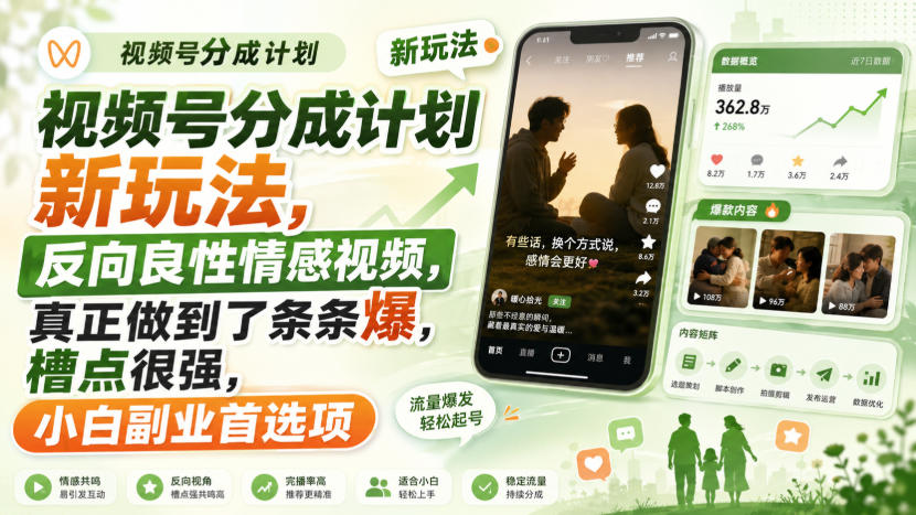 视频号分成计划新玩法,反向良性情感视频,真正做到了条条爆,槽点很强,小白副业首选项-悟空知识星球