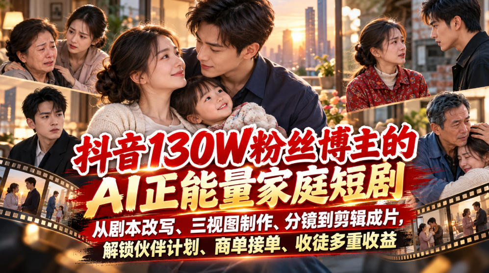 抖音130W粉丝博主的AI正能量家庭短剧,从剧本改写、三视图制作、分镜到剪辑成片,解锁伙伴计划、商单接单、收徒多重收益-悟空知识星球