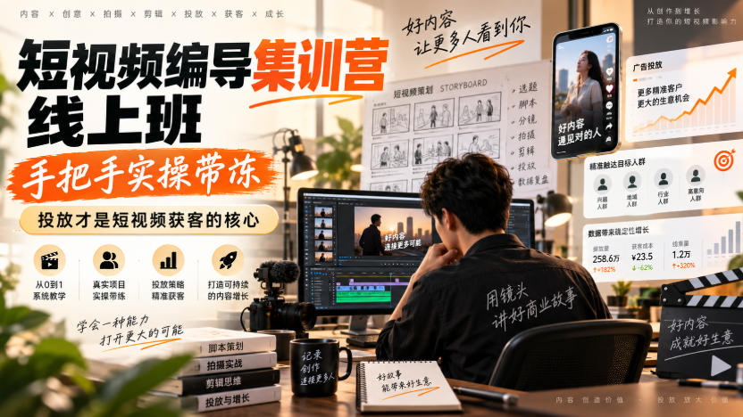 短视频编导集训营线上班,手把手实操带冻,投放才是短视频获客的核心-悟空知识星球