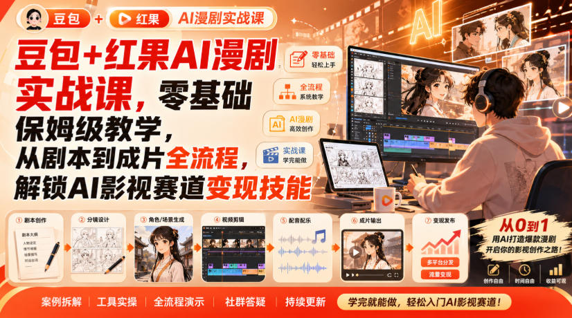 豆包+红果AI漫剧实战课,零基础保姆级教学,从剧本到成片全流程,解锁AI影视赛道变现技能-悟空知识星球