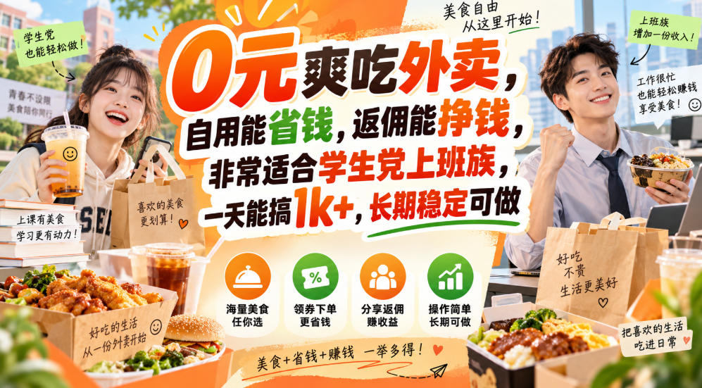 0元爽吃外卖,自用能省钱,返佣能挣钱,非常适合学生党上班族,一天能搞1k+,长期稳定可做-悟空知识星球