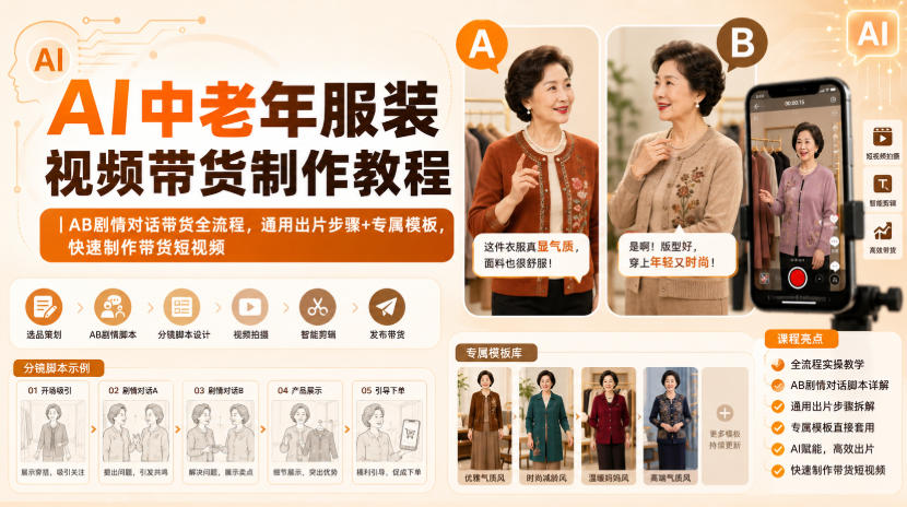 AI中老年服装视频带货制作教程|AB剧情对话带货全流程,通用出片步骤+专属模板,快速制作带货短视频-悟空知识星球