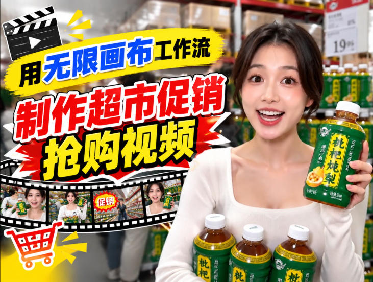 无限画布超市促销抢购视频工作流,一键产出TikTok抖音带货短视频-悟空知识星球