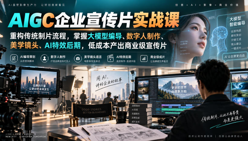 AIGC企业宣传片实战课,重构传统制片流程,掌握大模型编导、数字人制作、美学镜头、AI特效后期,低成本产出商业级宣传片-悟空知识星球