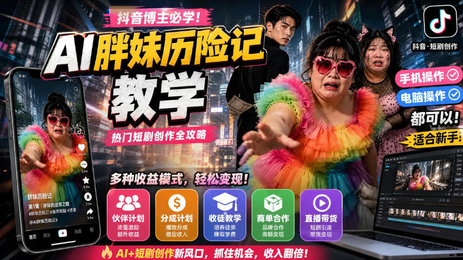 抖音博主的AI胖妹历险记教学,伙伴计划+分成计划+收徒+商单等多种收益,适合新手,手机电脑都可以操作-悟空知识星球