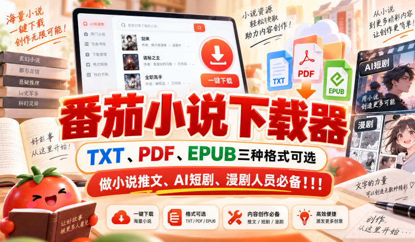 番茄小说下载器,TXT、PDF、EPUB三种格式可选,做小说推文、AI短剧、漫剧人员必备!!!-悟空知识星球