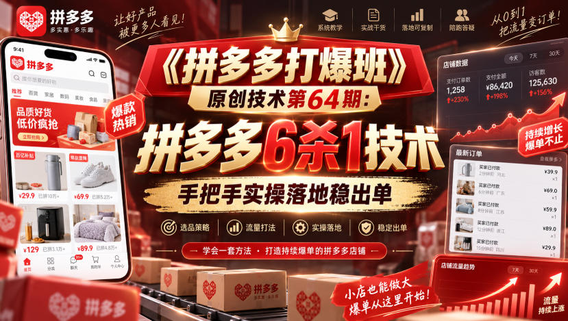 《拼多多打爆班》原创技术第64期:拼多多6杀1技术,手把手实操落地稳出单-悟空知识星球