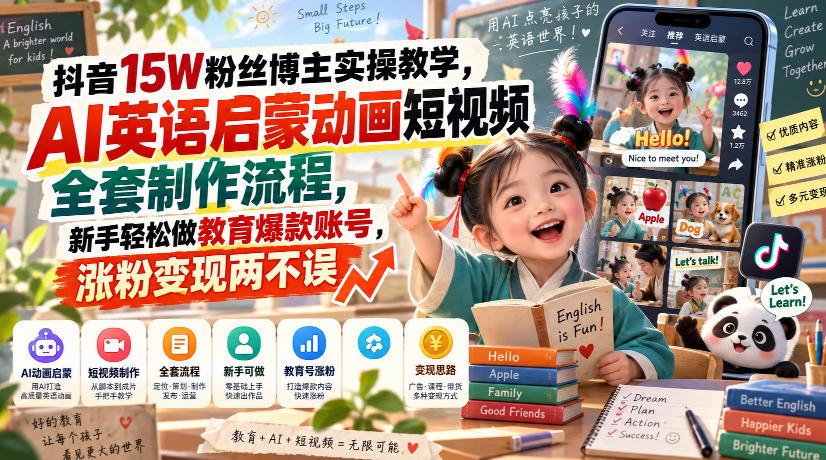抖音15W粉丝博主实操教学，AI英语启蒙动画短视频全套制作流程，新手轻松做教育爆款账号，涨粉变现两不误-悟空知识星球