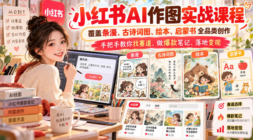小红书AI作图实战课程,覆盖条漫、古诗词图、绘本、启蒙书全品类创作,手把手教你找赛道、做爆款笔记、落地变现-悟空知识星球