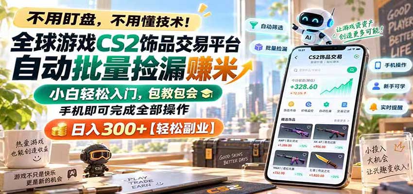 全球游戏CS2饰品交易平台自动批量捡漏赚米，手机即可完成全部操作，日入300+-悟空知识星球