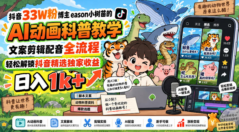 抖音33W粉博主eason小树苗的AI动画科普教学,文案剪辑配音全流程,轻松解锁抖音精选独家收益,日入1k+-悟空知识星球