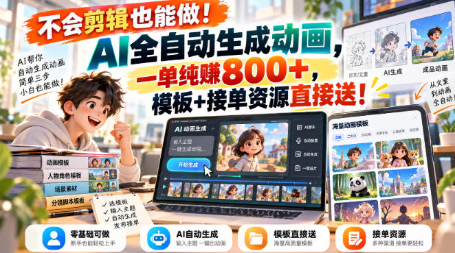不会剪辑也能做!AI全自动生成动画,一单纯賺800+,模板+接单资源直接送!【揭秘】-悟空知识星球