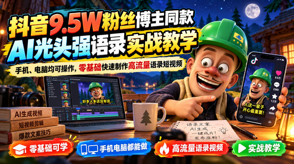 抖音9.5W粉丝博主同款AI光头强语录实战教学，手机、电脑均可操作，零基础快速制作高流量语录短视频-悟空知识星球