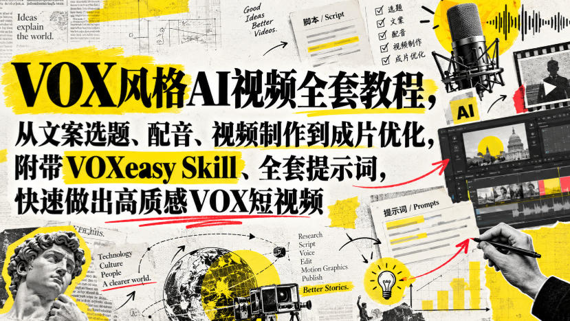 VOX风格AI视频全套教程,从文案选题、配音、视频制作到成片优化,附带VOXeasy Skill、全套提示词,快速做出高质感VOX短视频-悟空知识星球