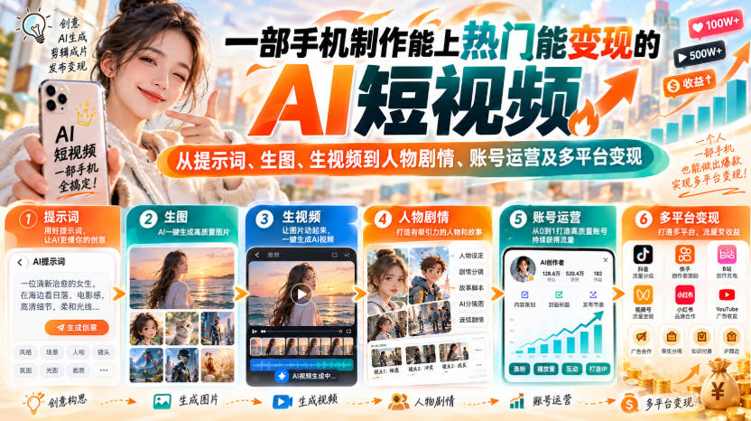 【无水印】一部手机制作能上热门能变现的AI短视频，从提示词、生图、生视频到人物剧情、账号运营及多平台变现-悟空知识星球