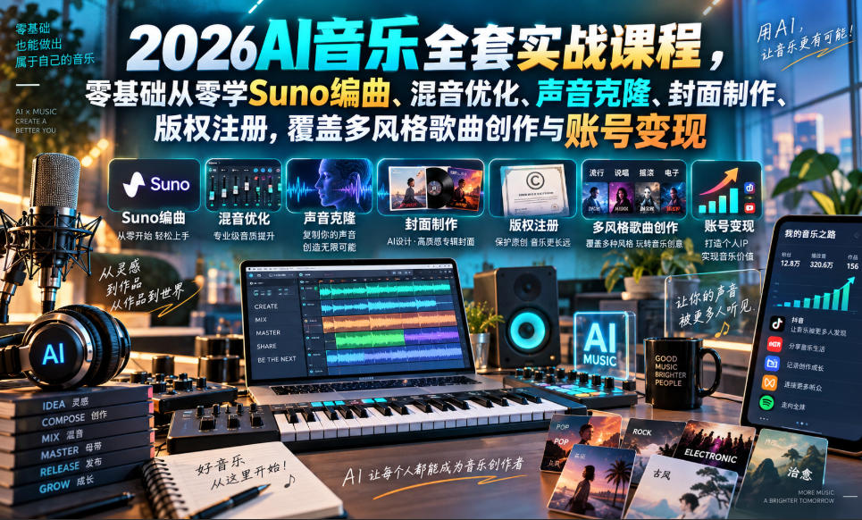 2026AI音乐实战课程，零基础从零学Suno编曲、混音优化、声音克隆、版权注册，覆盖多风格歌曲创作与账号变现-悟空知识星球