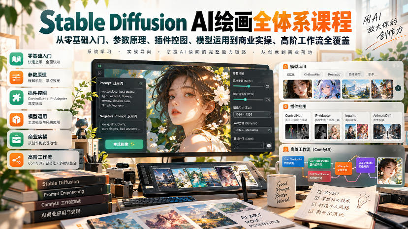 【无水印】Stable Diffusion AI绘画全体系课程，从零基础入门、参数原理、插件控图、模型运用到商业实操、高阶工作流全覆盖-悟空知识星球