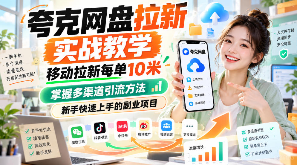 夸克网盘拉新实战教学,移动拉新每单10米,掌握多渠道引流方法,新手快速上手的副业项目-悟空知识星球