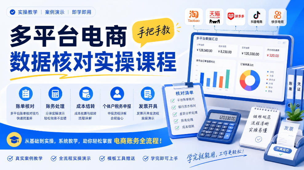 多平台电商数据核对实操课程,手把手教账单核对、账务处理、成本结转、个体户税务申报与发票开具-悟空知识星球