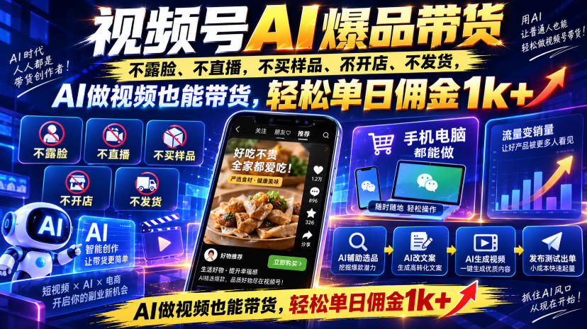 视频号Ai爆品带货,不露脸、不直播、不买样品、不开店、不发货,AI做视频也能带货,轻松单日佣金1k+-悟空知识星球
