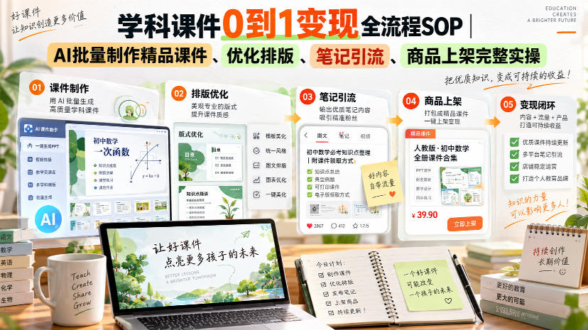 学科课件0到1变现全流程SOP|AI批量制作精品课件、优化排版、笔记引流、商品上架完整实操-悟空知识星球