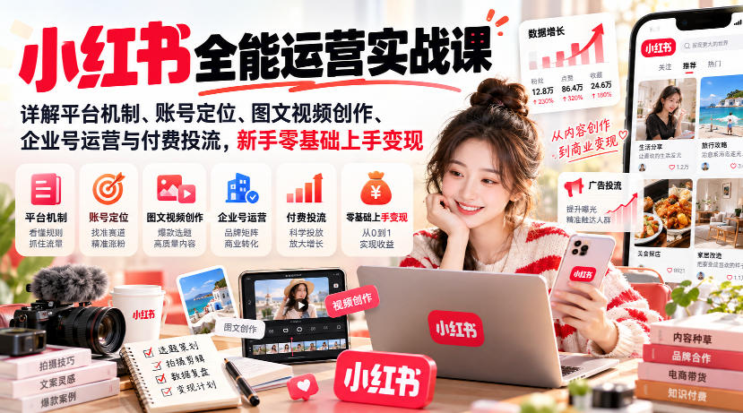 小红书全能运营实战课，详解平台机制、账号定位、图文视频创作、企业号运营与付费投流，新手零基础上手变现-悟空知识星球