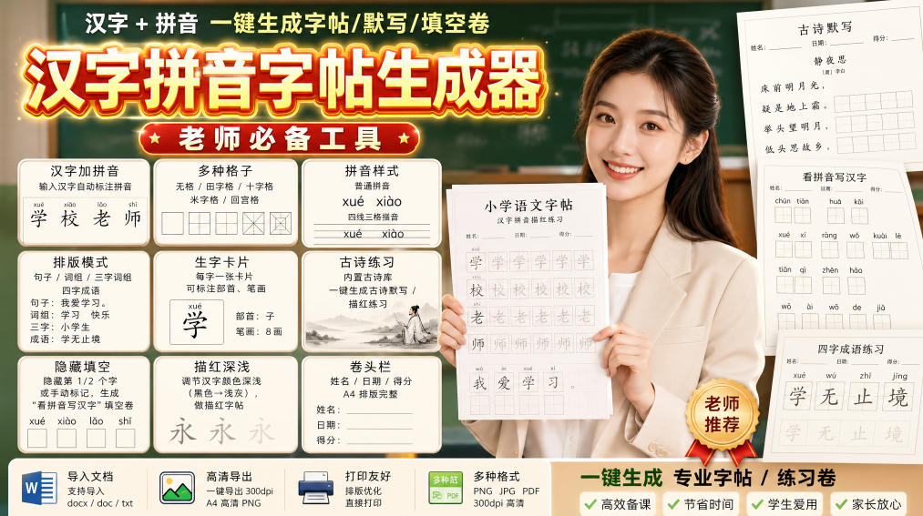学习神器，汉字拼音字帖生成器，汉字+拼音 一键生成字帖/默写/填空卷，支持词组、成语，老师、家长必备-悟空知识星球