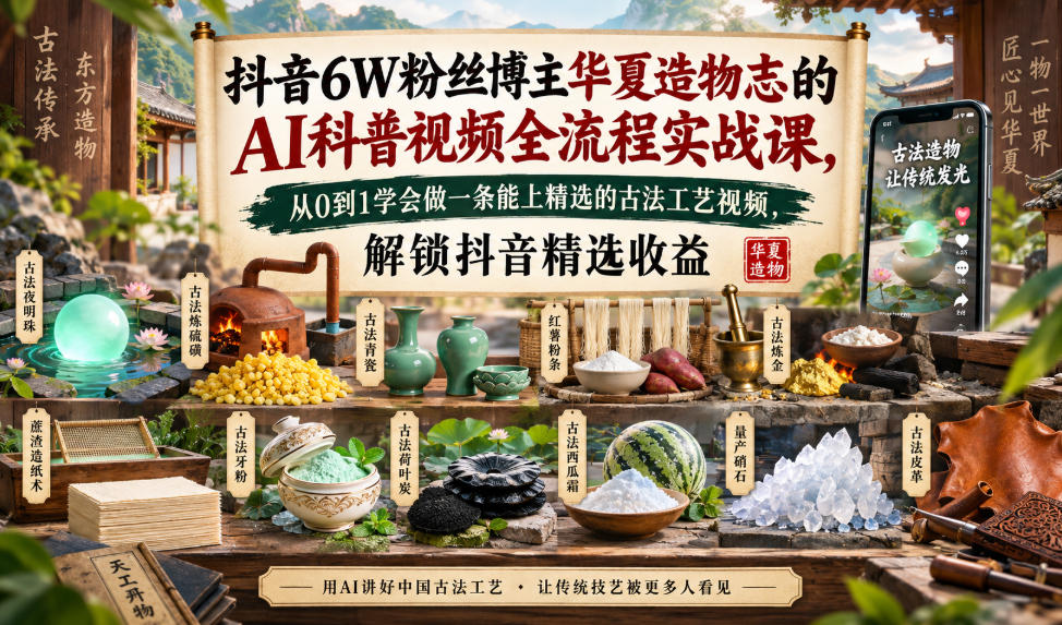 抖音6W粉丝博主华夏造物志的AI科普视频全流程实战课，从0到1学会做一条能上精选的古法工艺视频，解锁抖音精选收益-悟空知识星球