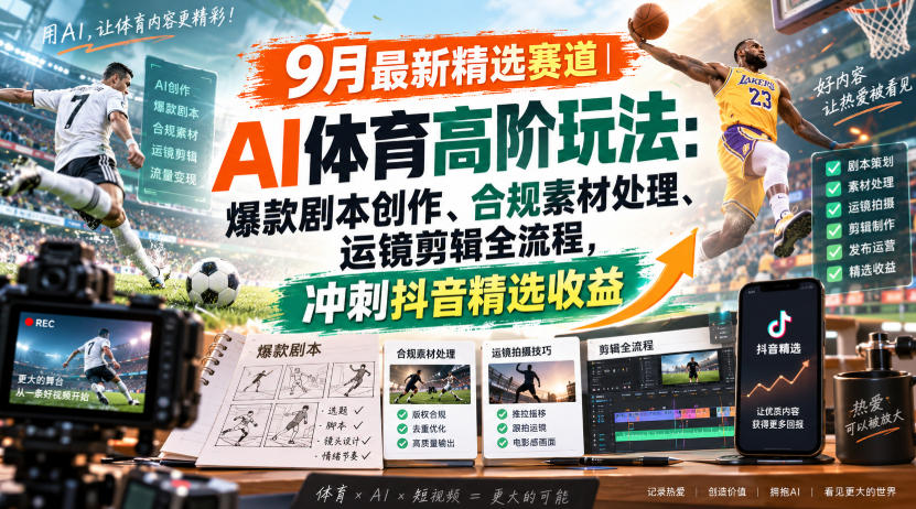 某大佬的9月最新精选赛道之AI体育顶级玩法,爆款剧本创作、版权规避、运镜剪辑全流程,稳拿抖音精选收益-悟空知识星球