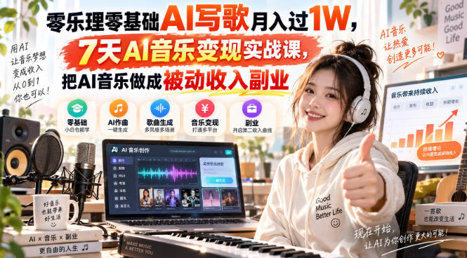 零乐理零基础AI写歌月入过1W,7天AI音乐变现实战课,把AI音乐做成被动收入副业-悟空知识星球