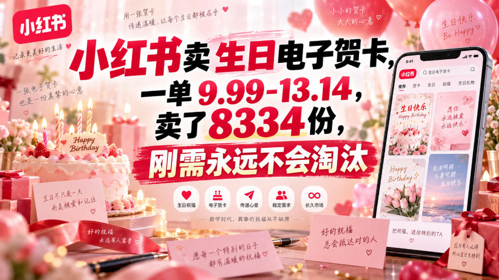 小红书卖生日电子贺卡,一单9.99-13.14,卖了8334份,刚需永远不会淘汰-悟空知识星球