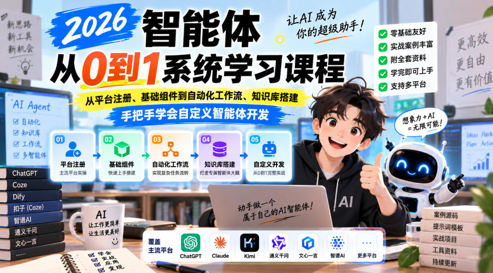 2026智能体从0到1系统学习课程，从平台注册、基础组件到自动化工作流、知识库搭建，手把手学会自定义智能体开发-悟空知识星球