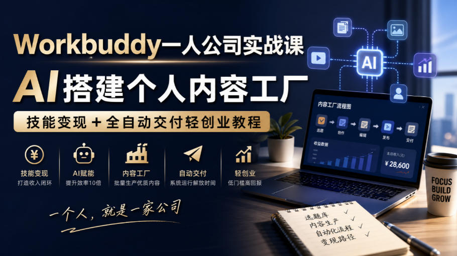 Workbuddy一人公司实战课,AI搭建个人内容工厂,技能变现+全自动交付轻创业教程-悟空知识星球