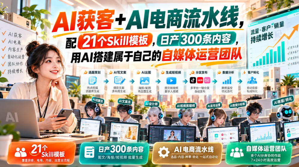 AI获客+AI电商流水线,配21个Skill模板,日产300条内容,用AI搭建属于自己的自媒体运营团队-悟空知识星球
