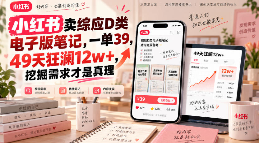 小红书卖综应D类电子版笔记,一单39,49天狂澜12w+,挖掘需求才是真理-悟空知识星球