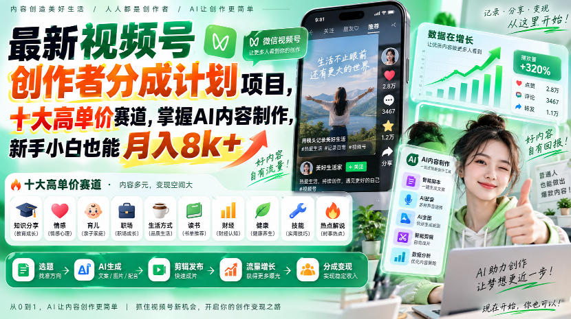 最新视频号创作者分成计划项目,十大高单价赛道,掌握AI内容制作,新手小白也能月入8k+-悟空知识星球