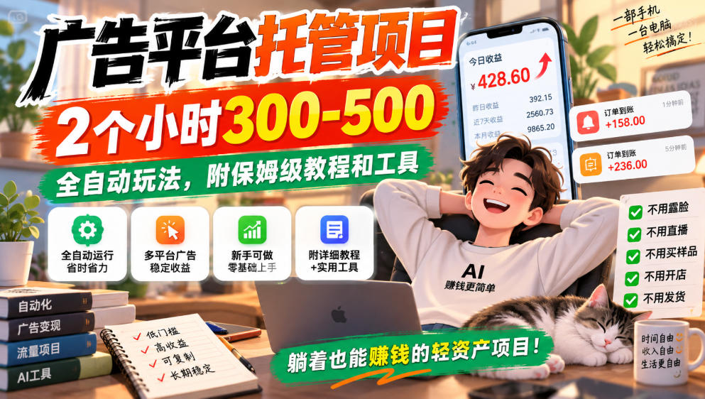 广告平台托管项目，2个小时300-500，全自动玩法，附保姆级教程和工具，小白照着就能做【揭秘】-悟空知识星球
