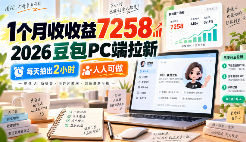 1个月收收益7258，2026豆包PC端拉新，每天抽出2小时，人人可做-悟空知识星球