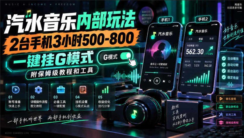 汽水音乐内部玩法,2台手机3小时500-800,一键挂G模式,附保姆级教程和工具【揭秘】-悟空知识星球