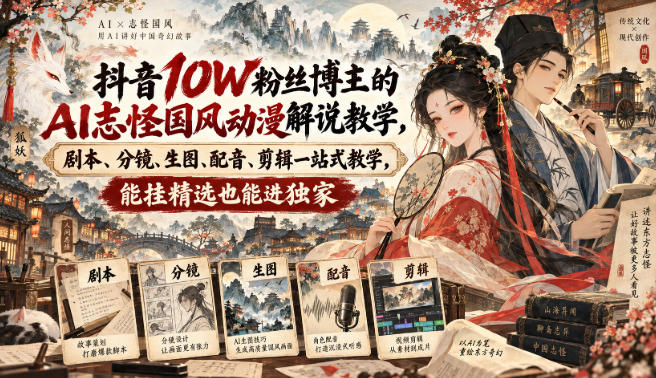 抖音10W粉丝博主的AI志怪国风动漫解说教学,剧本、分镜、生图、配音、剪辑一站式教学,能挂精选也能进独家-悟空知识星球