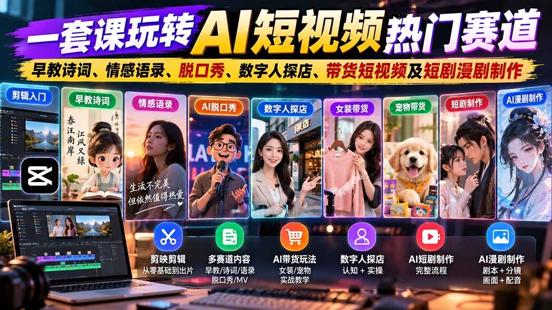 (20964期)一套课玩转AI短视频热门赛道:早教诗词、情感语录、脱口秀、数字人探店、带货短视频及短剧漫剧制作 复制标题-悟空知识星球