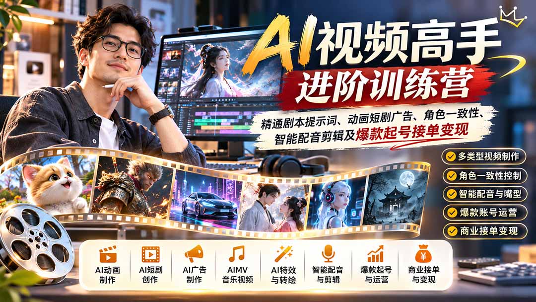 (21174期)AI视频高手进阶训练营:精通剧本提示词、动画短剧广告、角色一致性、智能配音剪辑及爆款起号接单变现-悟空知识星球