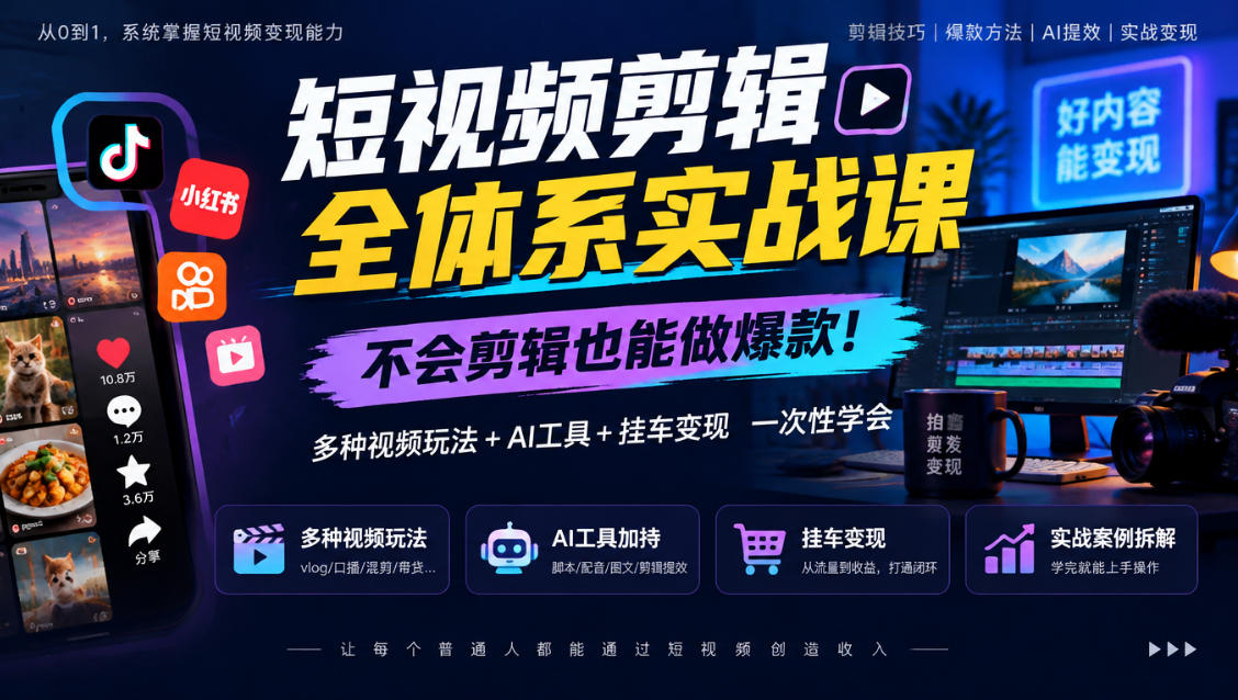 短视频剪辑全体系实战课,不会剪辑也能做爆款,多种视频玩法+AI工具+挂车变现一次性学-悟空知识星球
