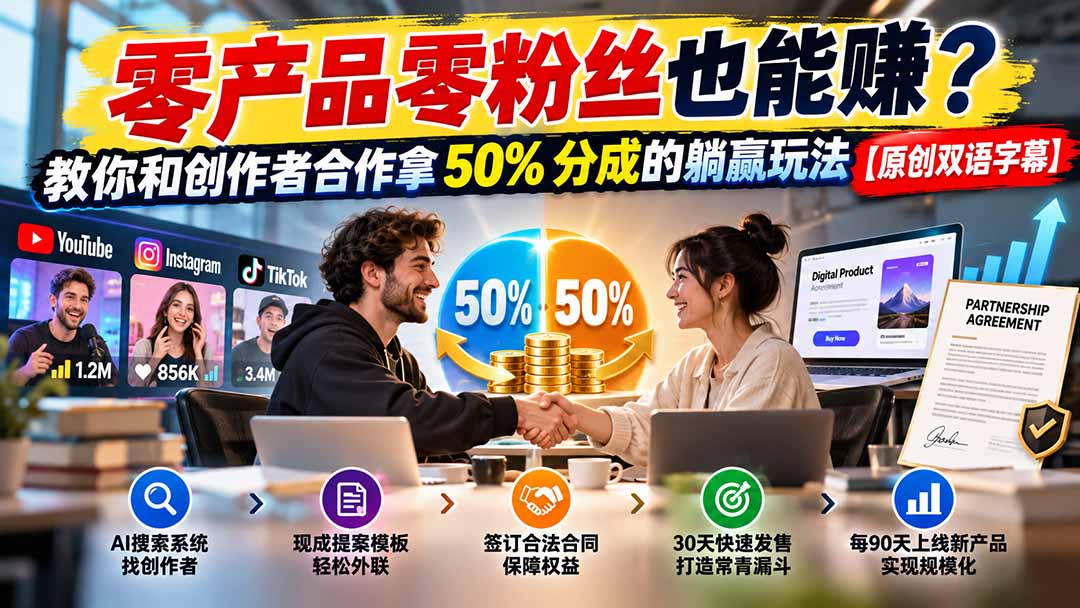 (20957期)零产品零粉丝也能赚?教你和创作者合作拿 50% 分成的躺赢玩法【原创双语字幕】-悟空知识星球