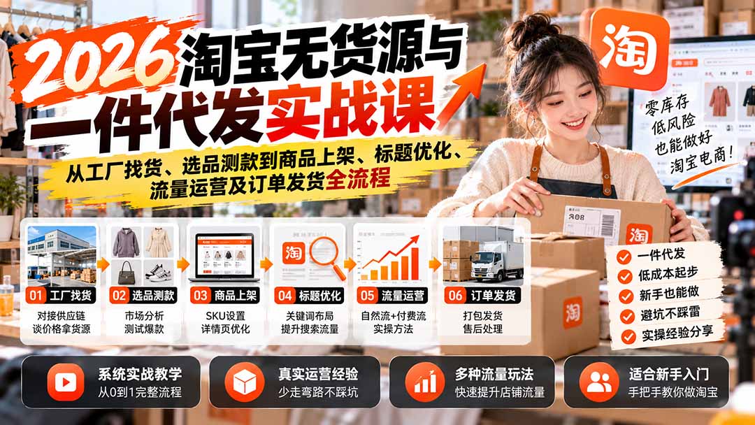 （20903期）2026淘宝无货源与一件代发实战课：从工厂找货、选品测款到商品上架、标题优化、流量运营及订单发货全流程-悟空知识星球