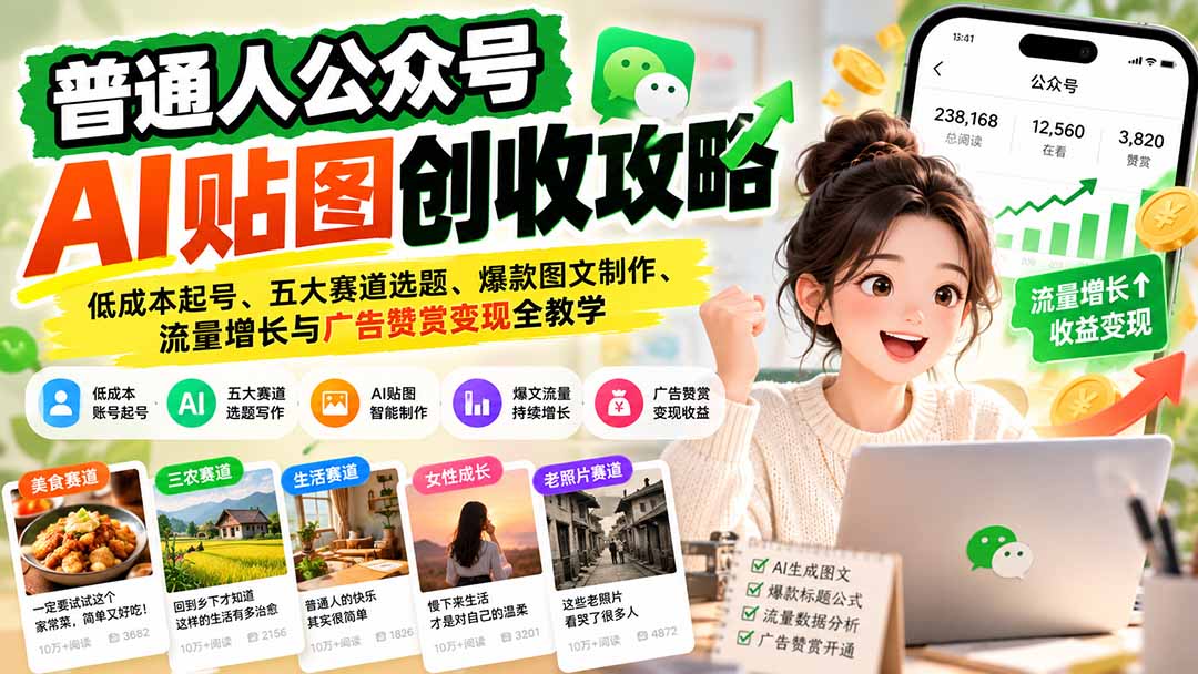 （20972期）普通人公众号AI贴图创收攻略：低成本起号、五大赛道选题、爆款图文制作、流量增长与广告赞赏变现全教学-悟空知识星球